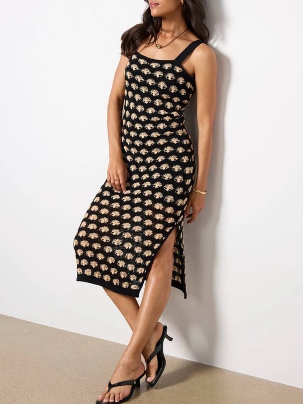 Evereve Anastasia Black & Cream Patterned Knit Midi Dress XS